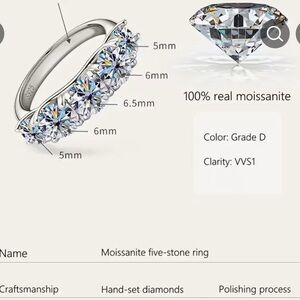 Stunning 3.6 ct 5 stone Moissanite ring. Size 6 NEW, never worn